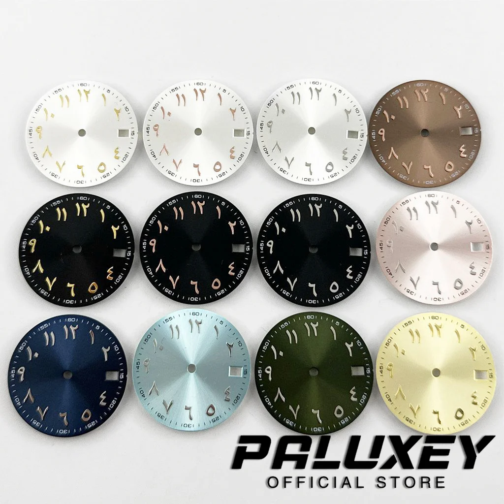 NH35 28.5mm Watch Dial Sun Patterned Surface Arabic Alphabet with Date Watch Faces for NH35 NH36 Movement Replace Accessories