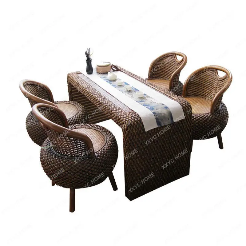 Rattan Living Room Coffee Table Antique Balcony Table-Chair Set Straw