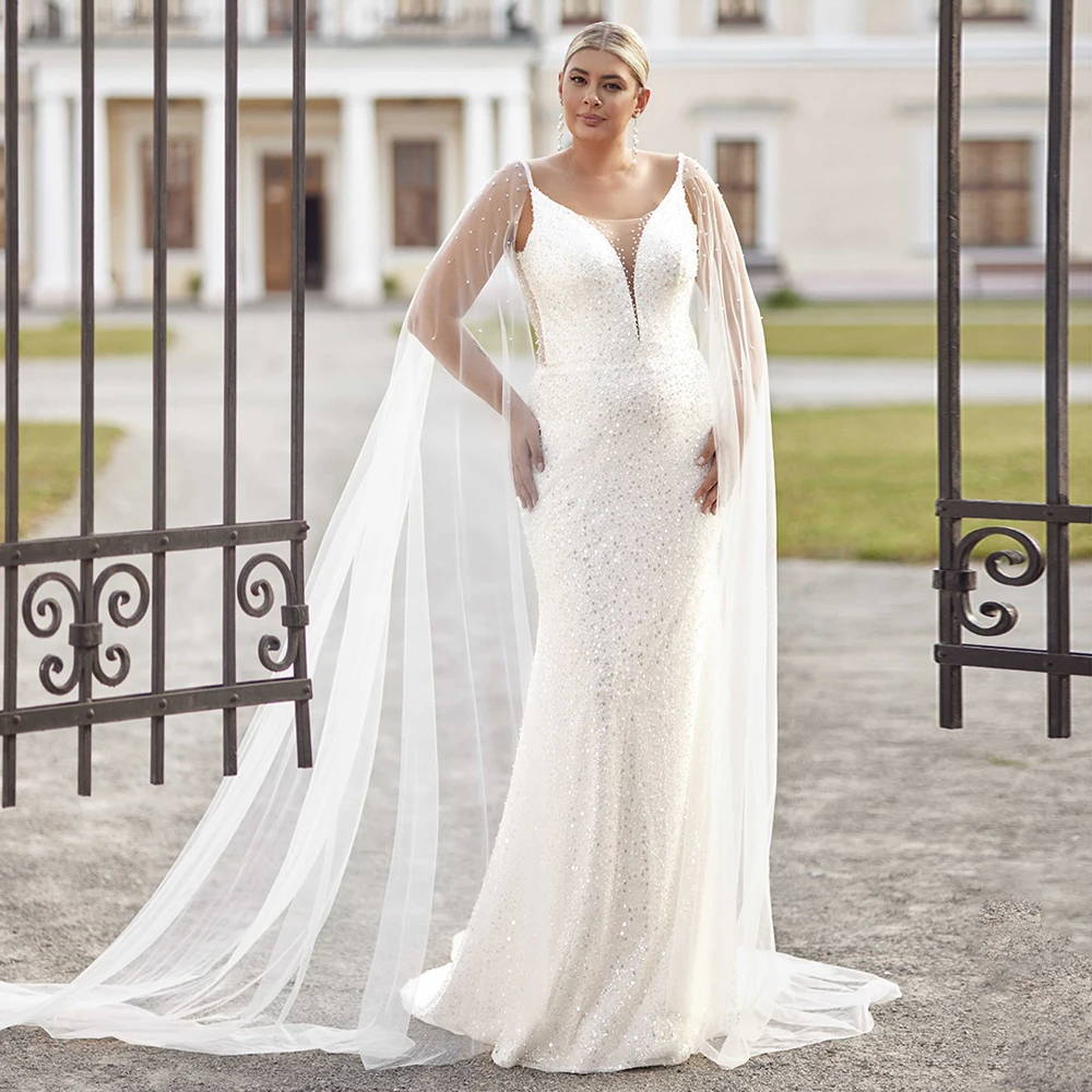 Plus Size Wedding Dresses for Woman with Tull Cape Spaghetti Straps V Neck Abiti Da Sposa Sparkling Mermaid Bridal Gowns