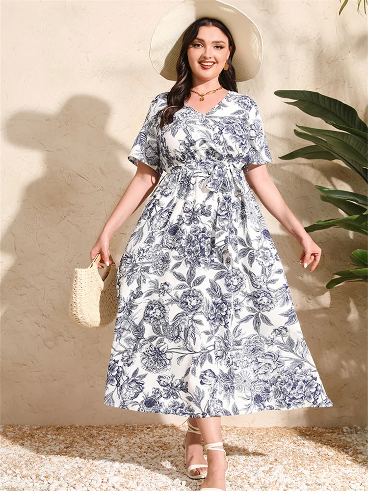 Wmstar Frauen Kleid Mode Sommer elegante weiße Malerei Blume V-Ausschnitt Kurzarm plus Größe lässig weiblichen Strand lange Kleider