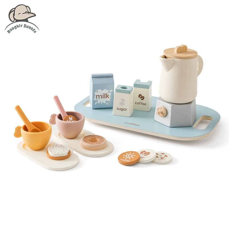 Wooden Afternoon Coffee/Tea Set Toy NO Bpa Pretend Play Food Learning Role Play Game Early Educational Toy for Toddlers Kid Gift