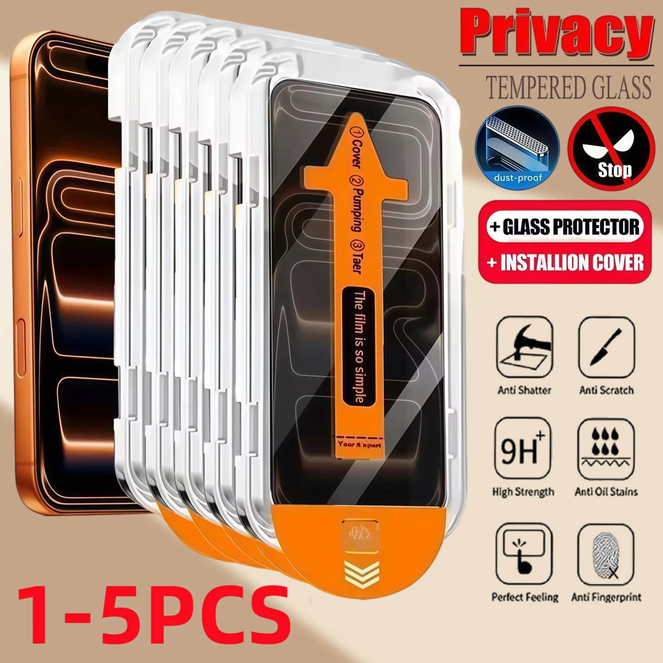  1-5 uds instalación sin polvo vidrio templado de privacidad para iPhone17 16 15 14 13 12 11 Pro Max XR XS Protector de pantalla antiespía
