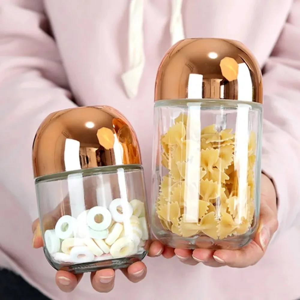 Glass Sealed Jar with Golden Lid Household Coffee Bean Tea Storage Bottle Kitchen Nut Jar Food Storage Container Decorations