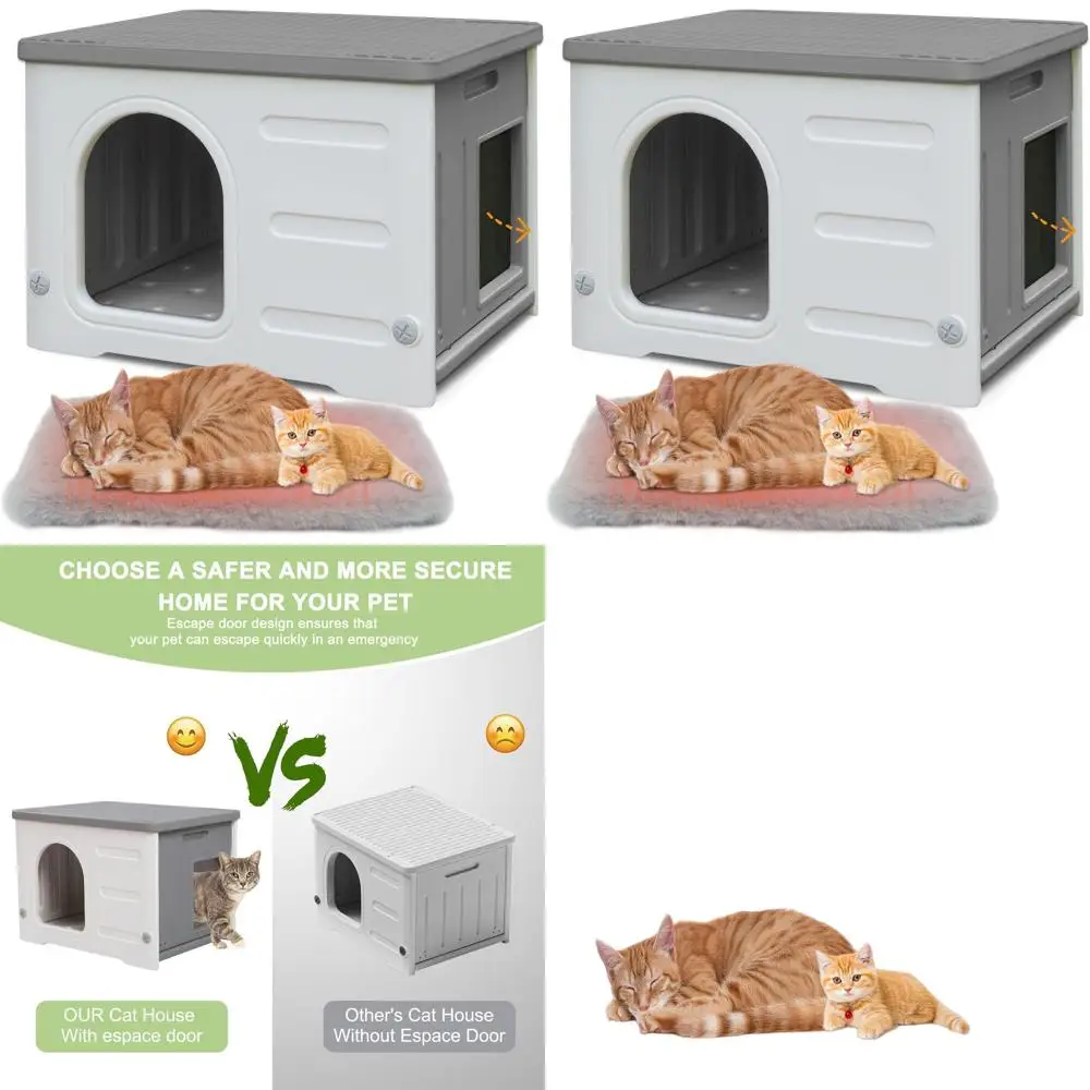 

Gray Outdoor Plastic Cat Shelter with Escape Hatch and Cushioned Mat for Multiple Cats