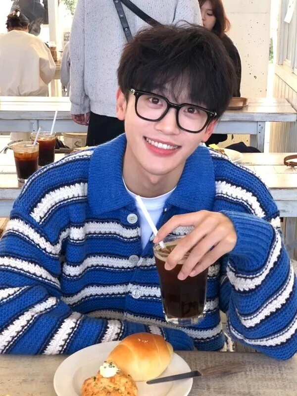 블루 스트라이프 칼라 컬러 블록 루즈핏 니트웨어 재킷 유니섹스 아메리칸 스타일 레이지 카디건 다용도 긴팔 폴로넥