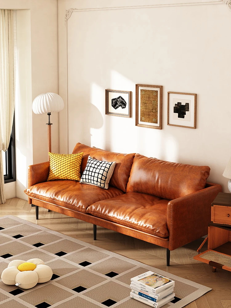 

American retro minimalist modern straight row small apartment sofa Nordic oil wax leather French industrial style living room so