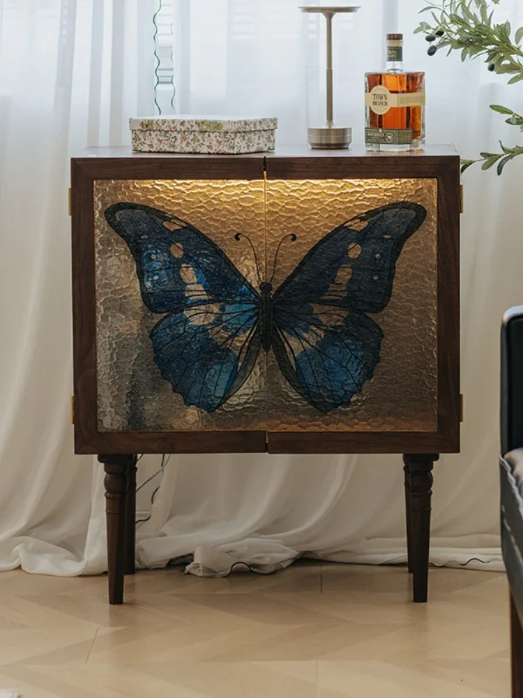 Butterfly Wine Cabinet Black Walnut Retro Stained Glass Living Room Cabinet Entrance Cabinet