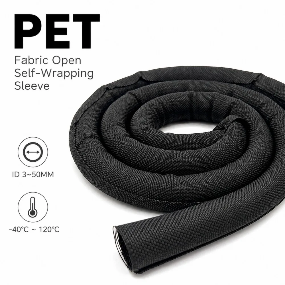ID3-50mm Black Self Opening PET Braided Sleeve, Expandable Flame Retardant Anti-Abrasion Automotive Wire Harness Cable Protector