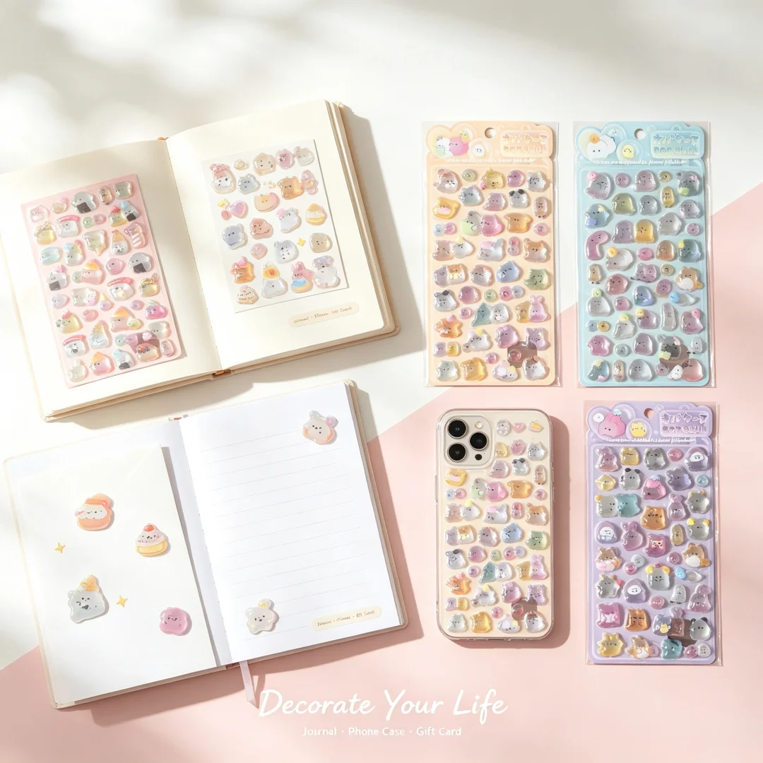 4 Sheets Kawaii Mochi Animal Crystal Stickers, Cute 3D Glossy Epoxy Stickers for Kids Scrapbook DIY Decor