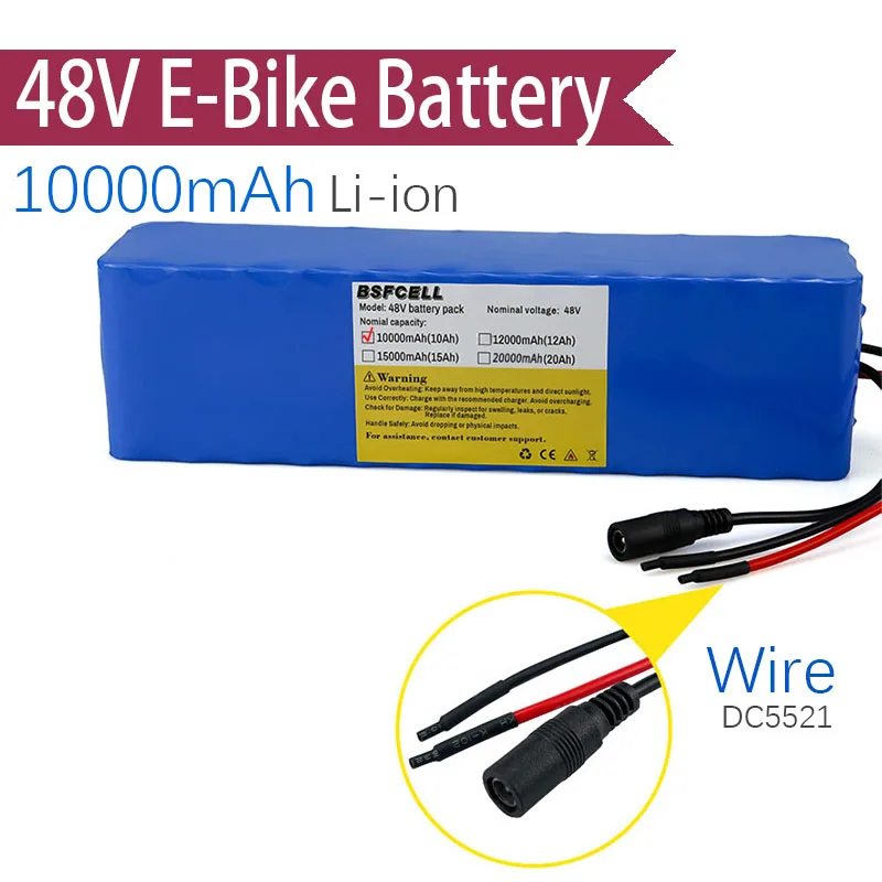 

New Type 48V Li-ion Battery 10000mAh wires+DC5521 Connector E-Bike Battery