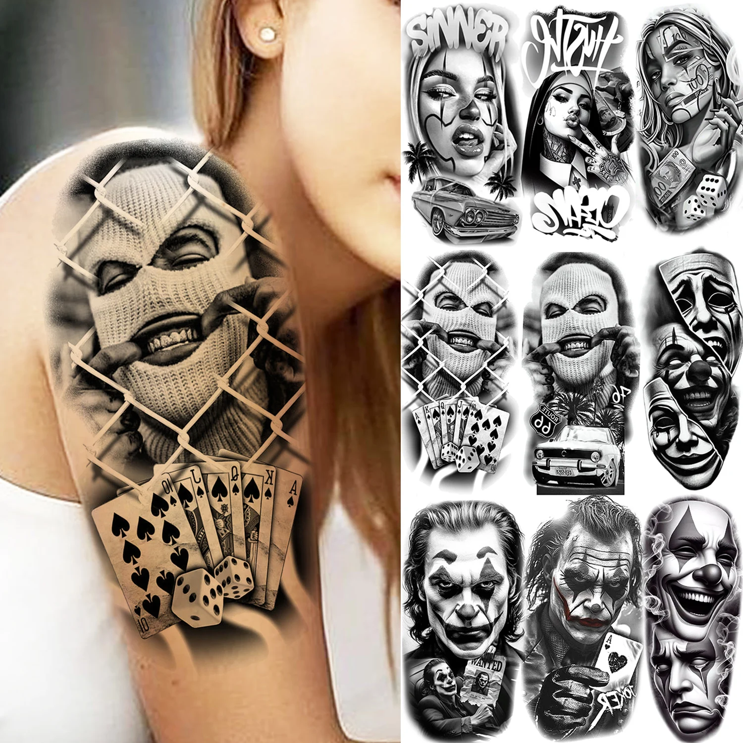 

1 Sheet Bad Guy Robber Poker Temporary Tattoos For Men Women Gangster Joker Rebel Waterproof Realistic Fake Tattoo Arm Stickers