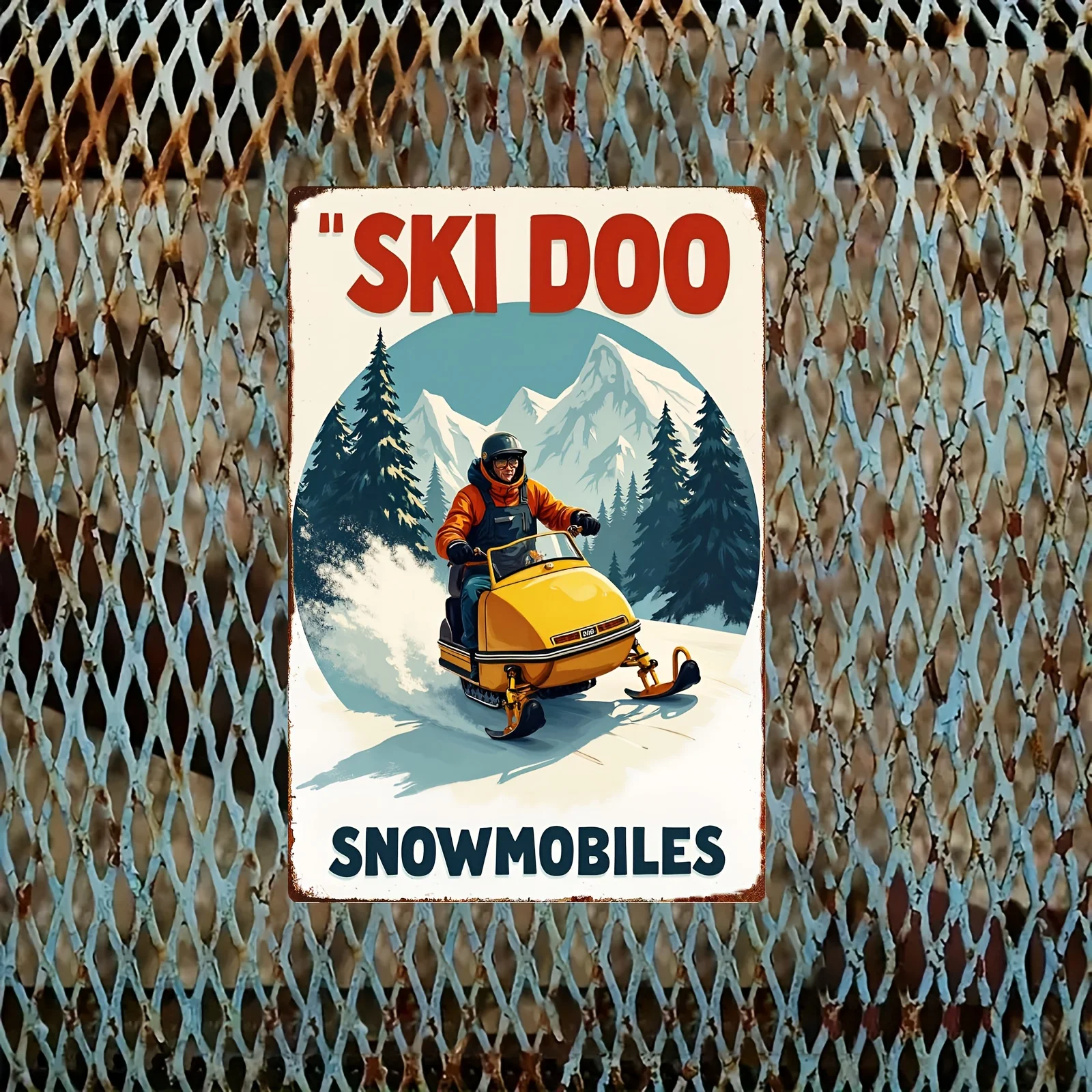 2D Flat, 2D Flat Design, 1pc Vintage Snowmobile Metal Sign - Heavy-Duty Vintage Ski Doo with Pine Forest Winter Scene Wall Decor