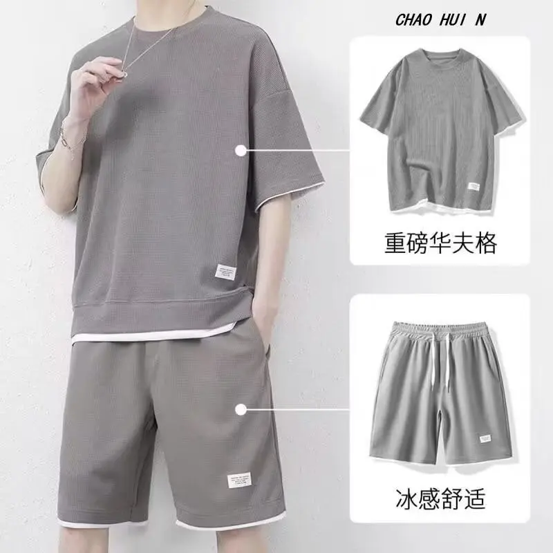 Summer New Round Neck Solid Color Short Sleeve T-shirt Huafuge Casual All-match Motion Thin Style Men Elastic Waist Shorts Suit