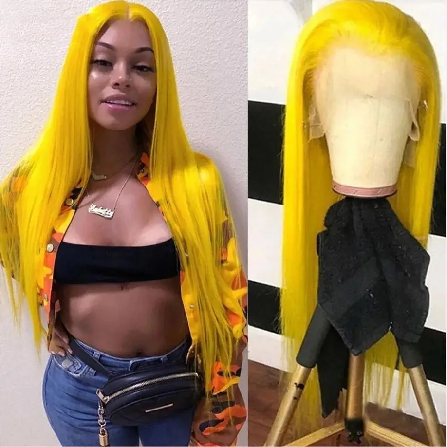 13*4 Lace Front Wig Yellow Glueless 26Inches 180% Density Soft Long Preplucked Silky Straight For Women With Baby Hair