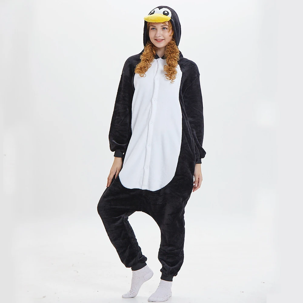 Black Penguin Onesies Unisex Winter Adults Flannel Sleepwear Women Men Halloween Anime Costumes Animal Cartoon One-Piece Pijamas