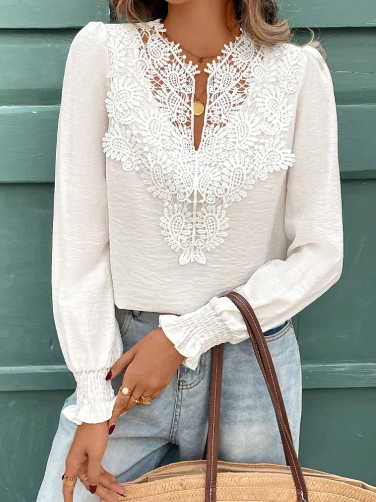 

Модная женская однотонная рубашка с длинными рукавами и v-образным вырезом, расклешенными рукавами и кружевной строчкой, весенне-осенний сезон