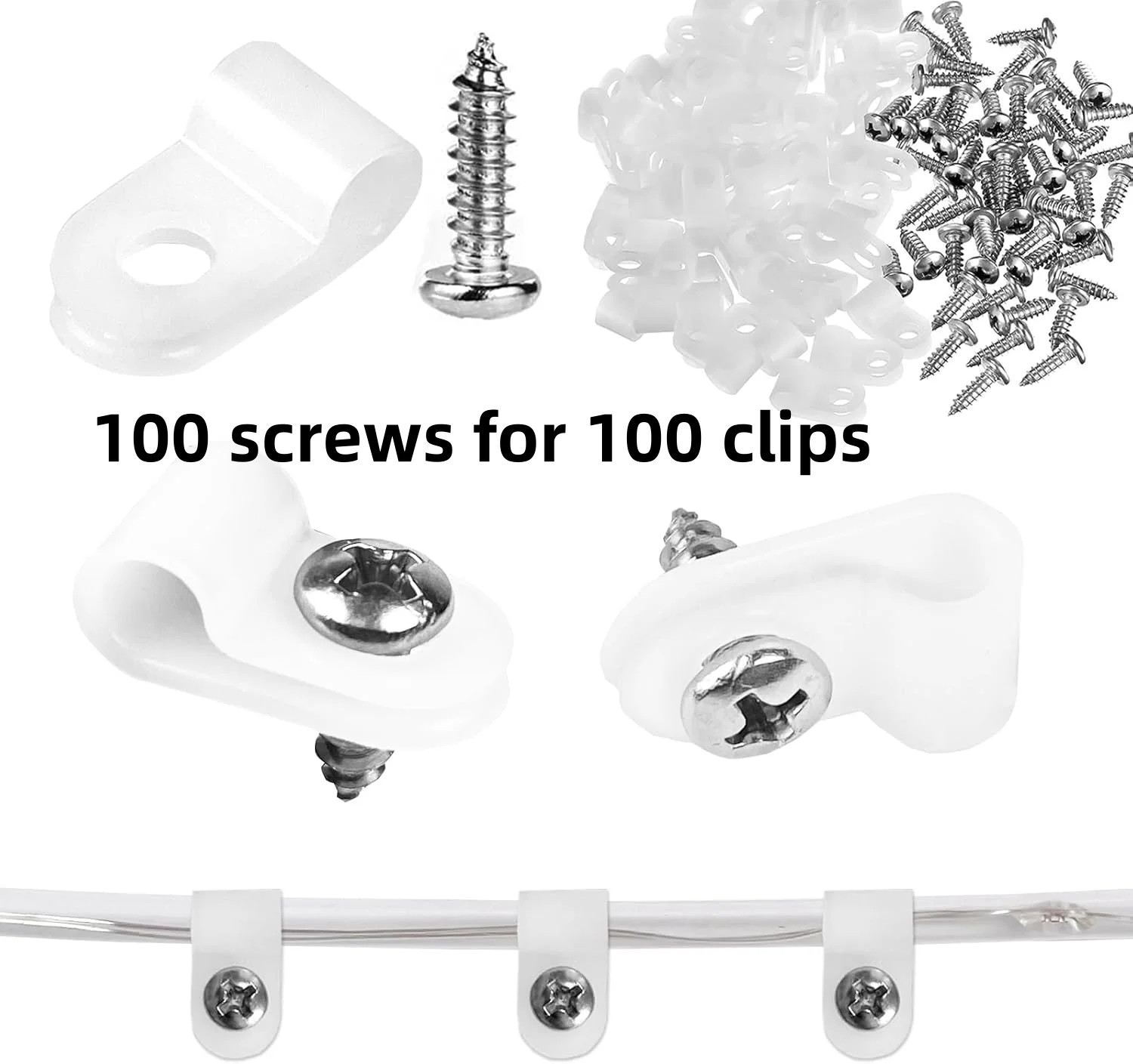 100 pcs Nylon Plastic R-Type Cable Clips Clamp Kit Screw Mounting Cord Fastener Clips with 100 pcs Screws for Wire Management