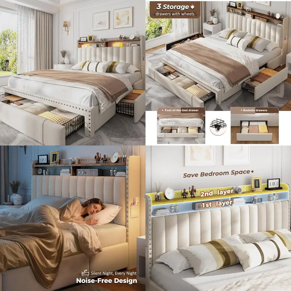 EnHomee Full Size Bed Frame with 3 Storage Drawers, Platform Bed Frame and 2-Tier Storage Headboard, Mattress Foundation with Wo