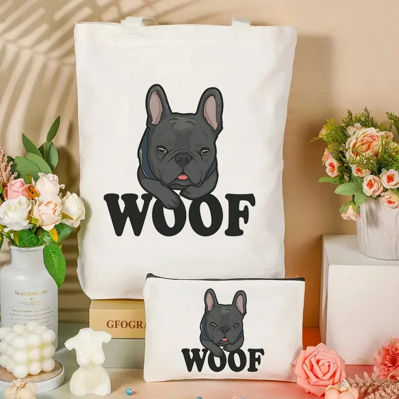 

Набор сумок для покупок с принтом французского бульдога в стиле каваи, забавные белые унисекс-сумки из холста для путешествий, косметичка