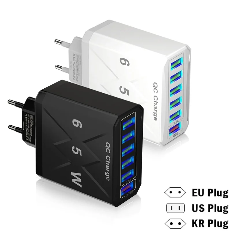

3.1A USB Fast Phone Charging Adapter 6 In 1 Mulit Plug Travel Wall Charger US/KR/EU Plug USB Charger For iPhone Samsung Xiaomi