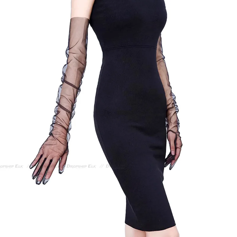 Sarung tangan pernikahan wanita, 70CM Retro transparan sarung tangan tabir surya layar sentuh sarung tangan Ultra tipis sarung tangan kain Tule panjang gaun pengantin