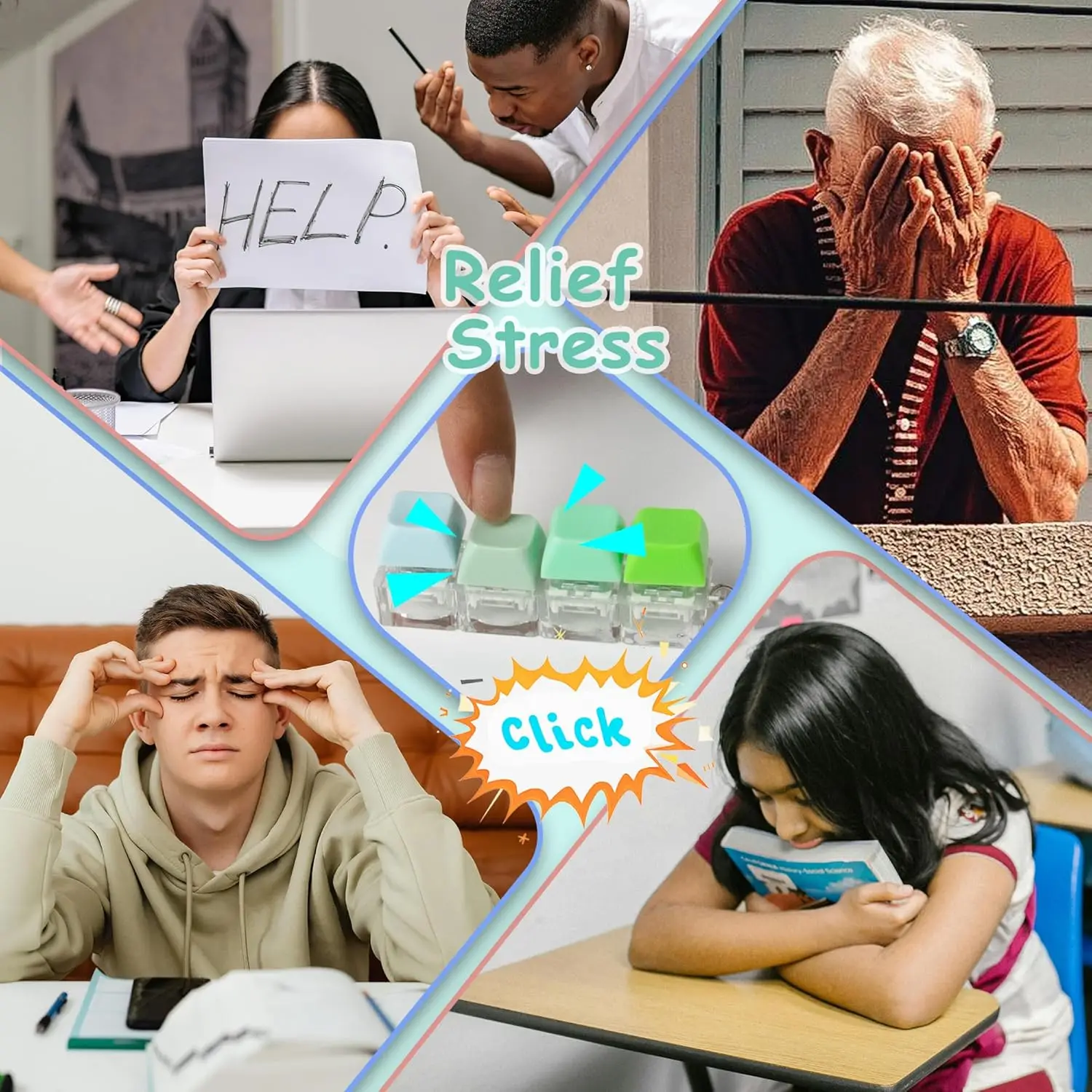 Keyboard Fidget Toy 4-in-1 Keyboard Decompression Button Finger Clicker Toys, Button Stress Relief Keychain Fidget Gifts