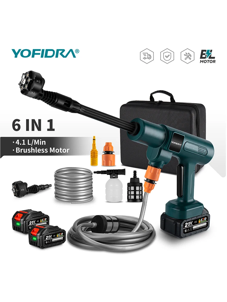 YOFIDRA 200Bar Bezszczotkowy Elektryczny Pistolet Wysokociśnieniowy do Mycia Wodą 3500W 6w1 do Czyszczenia Samochodu, Narzędzie Ogrodowe na Akumulator Makita — 2