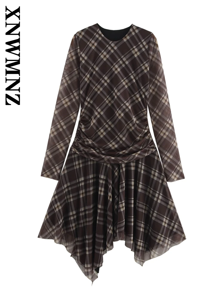 

XNWMNZ 2025 Autumn Wear Woman Commuting Long Sleeve Dresses Top Trendy Spring Lady O-Collar Dress Print Mini Skirt A-lineskirt