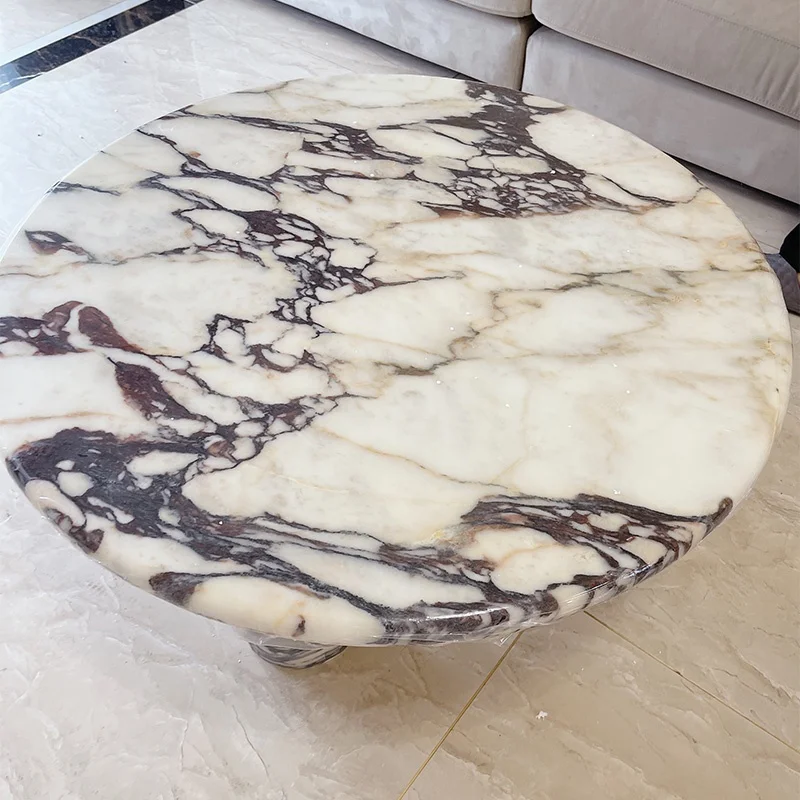 Wholesale Customized French Decor Style Simple Design Calacatta Viola Marble Round Coffee Table with 3 Legs