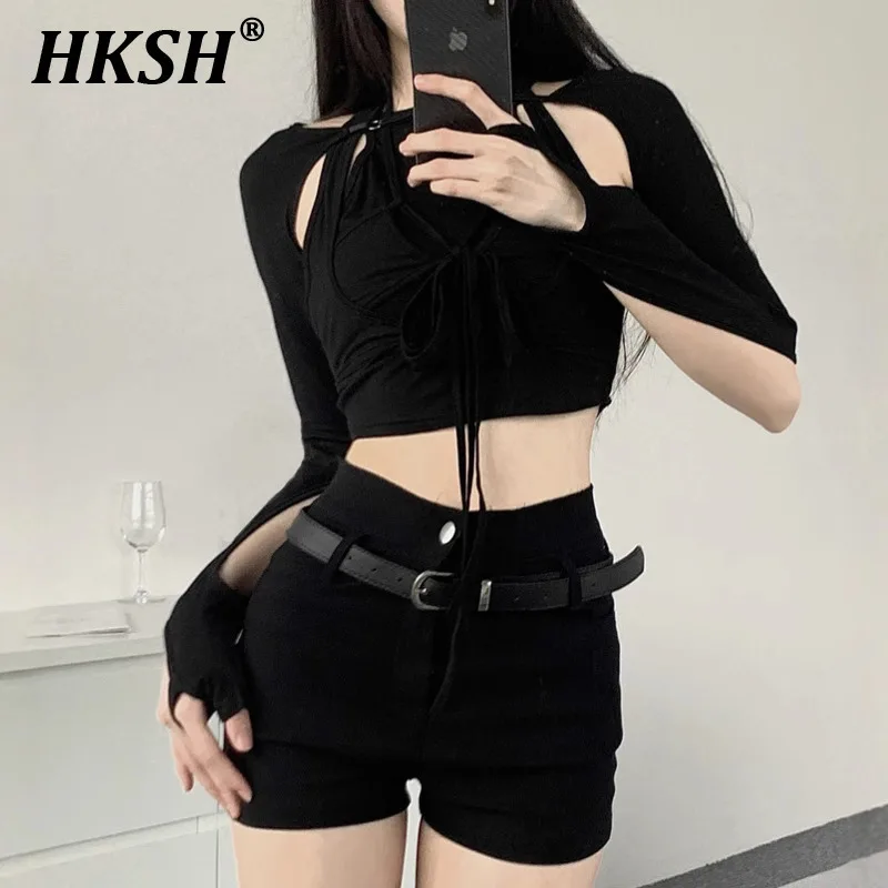 

HKSH Summer New Women Tide Dark Cool High Waisted Tight Sexy Casual T-shirt Fake Two-piece Temperament Slim Dance Ins Top HK4674