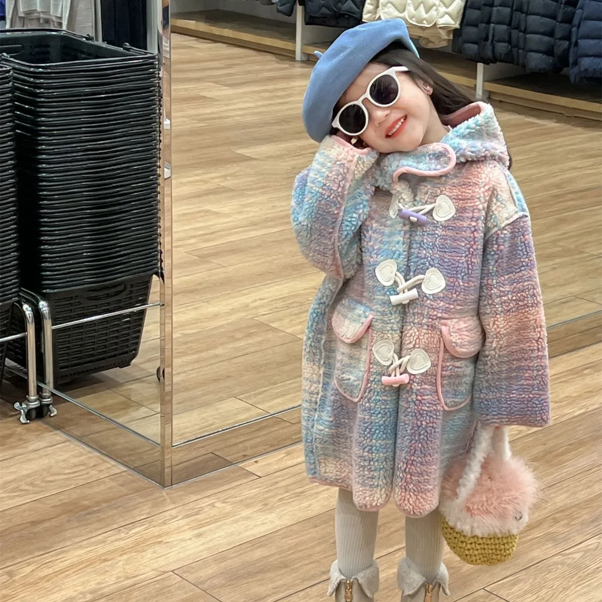 Fur Integrated Korean Version of Girls' Velvet Suede Composite Integrated Colorful Lamb Wool Croissant Buckle Hooded Jacket