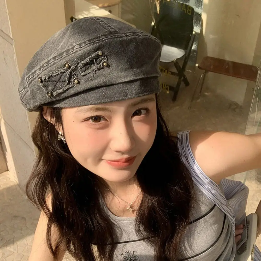 Adjustable Japanese Style Washed Cotton Demin Berets Rivet Patch Retro Painter Hat Khaki Casual Artist Cap Streetwear