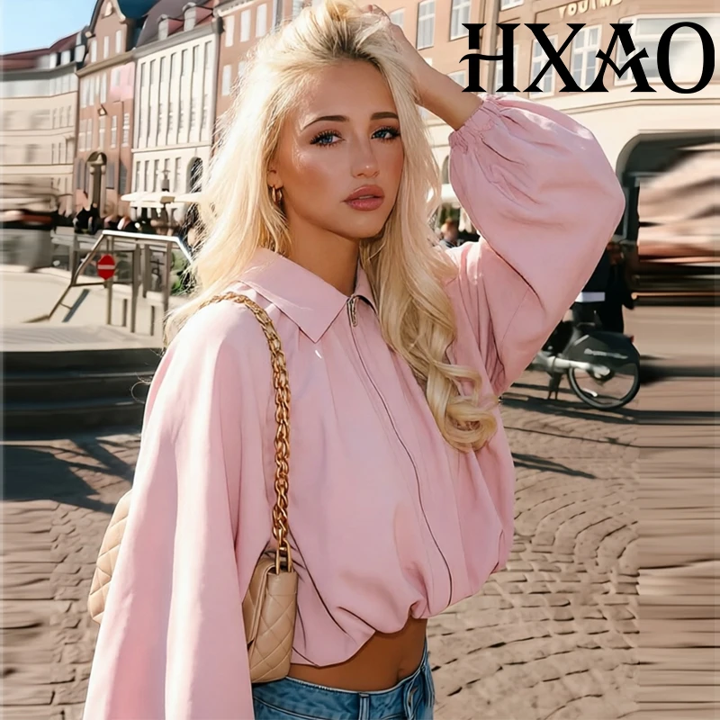 HXAO Cropped Coat Damen-Bomberjacke mit Ballonärmeln, rosa Jacke für Damen, lockere Frühlingsjacken für Damen, Streetwear, Reißverschluss-Außenseite