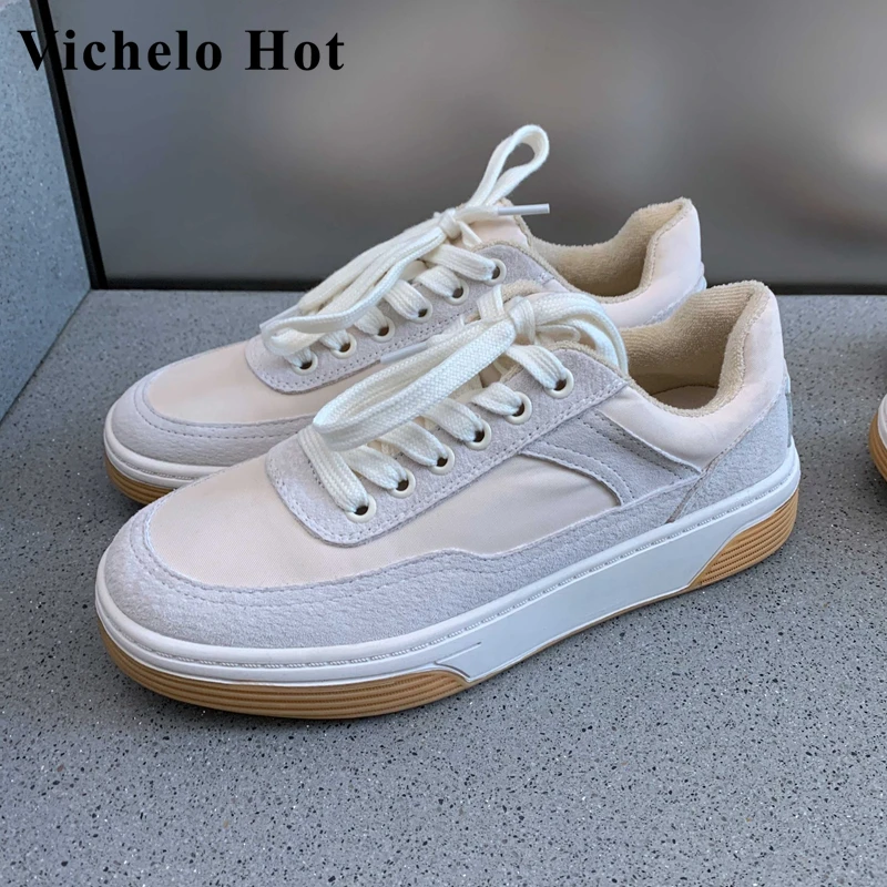 

Vichelo Hot sheep suede round toe thick bottom mixed colors high street fashion comfortable basic casual vulcanized shoes L33