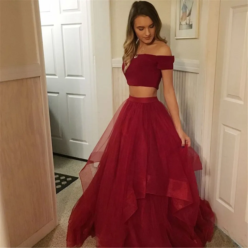 Dark Red Tweedelige Prom Dresses Boothals Korte Mouwen Een Lijn Tulle Lange Avondjurken 2021 Goedkope Vrouwen Formele party Dress