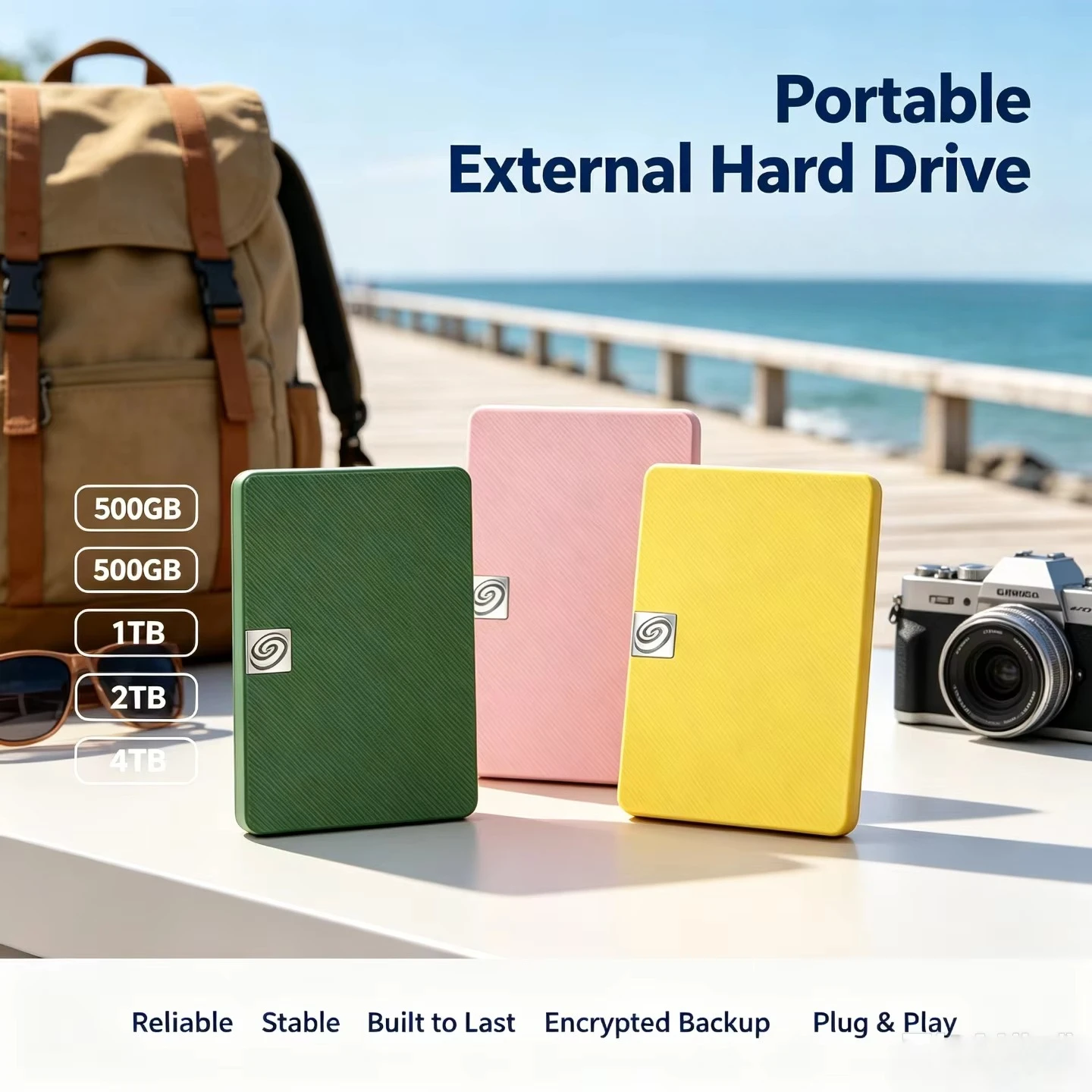 550mb-sの高速転送速度を誇る、2tb、1tb、4tb、500gbのポータブル外付けハードドライブ。デスクトップpc、mac、ps5、ノートpcでのセキュアなバックアップに最適。ゲームデータの保存速度を向上させます。