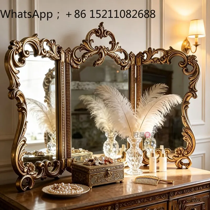 SCY retro makeup mirror carved three-fold vanity mirror desktop special-shaped decorative three-sided mirror