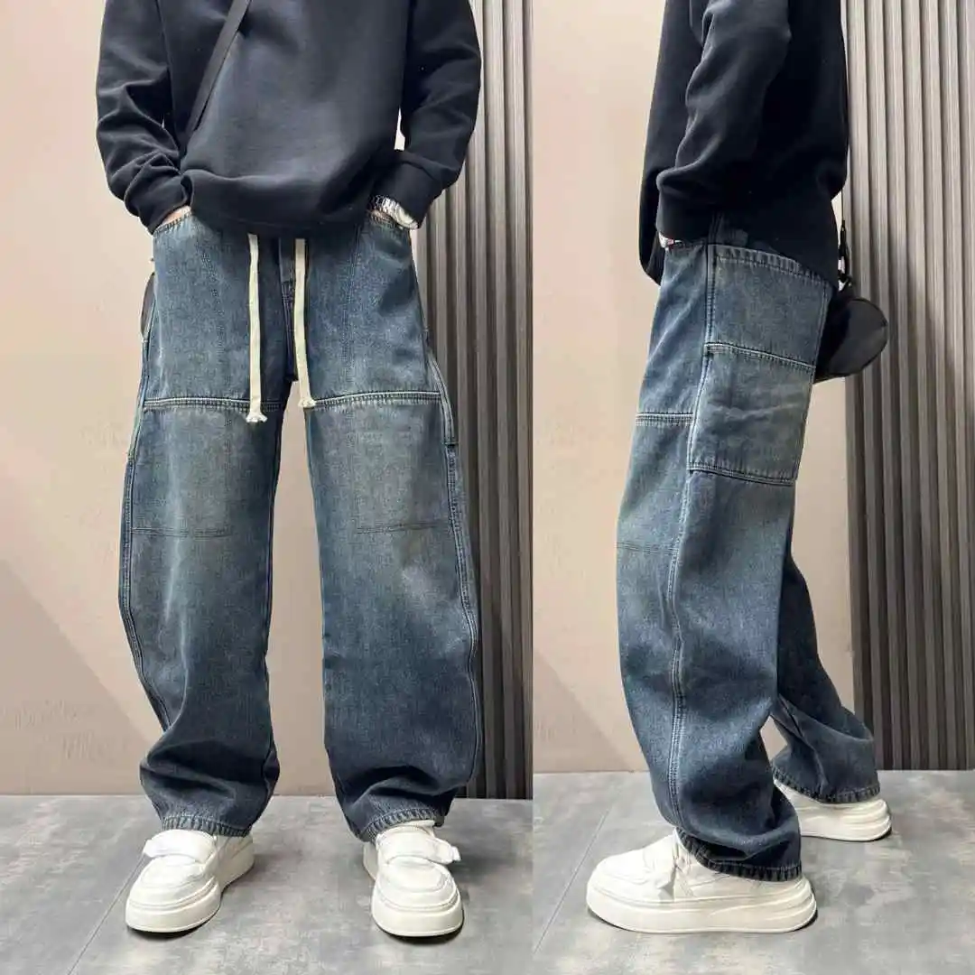 

Luxury Men 2026 New Blue Men's Jeans Trendy Washed Retro Splicing Design Loose Wide-leg Streetwear Cargo Baggy Trousers