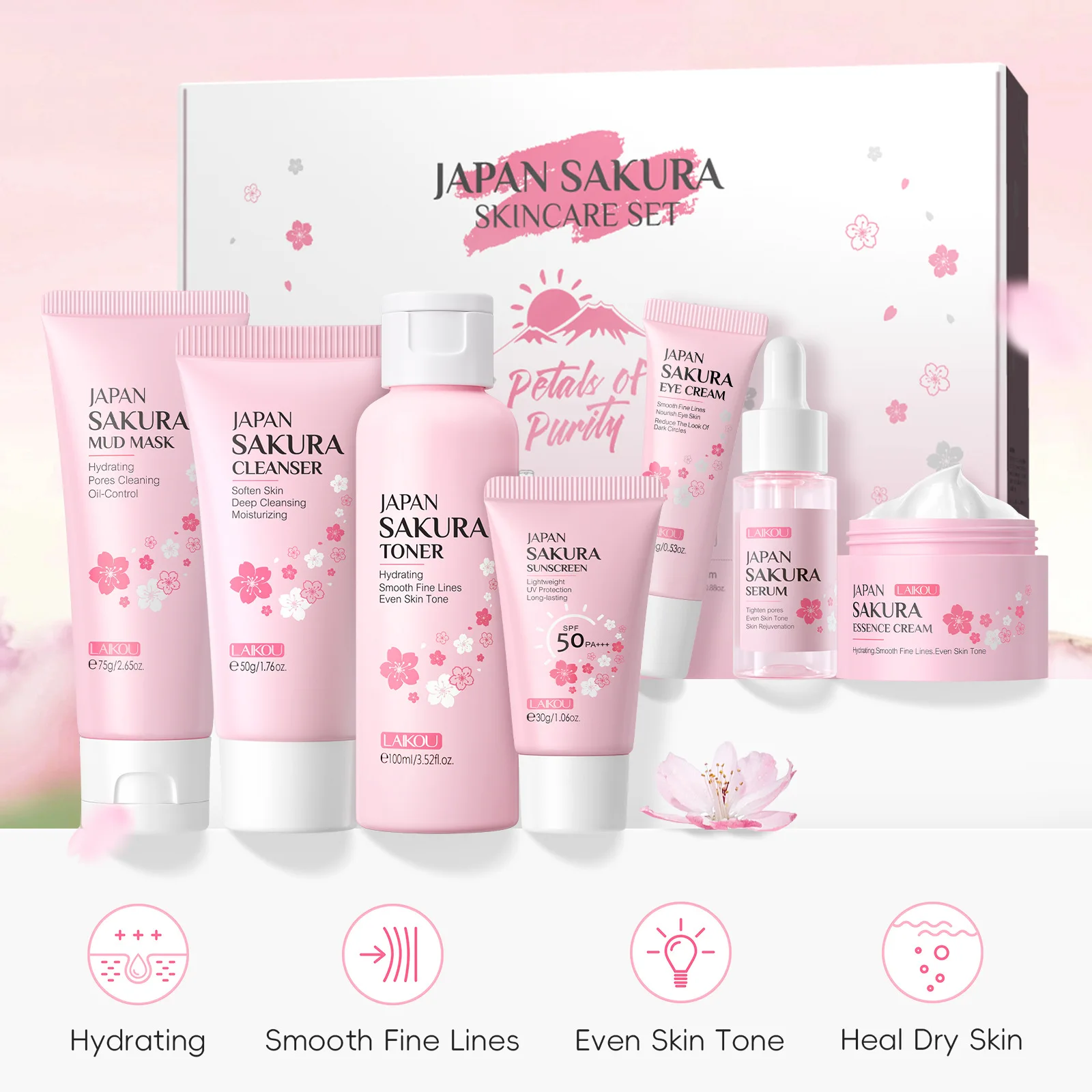 Korean Sakura Skincare Set Hydration Moisturize Cleanse Pores Sunscreen Protection Cosmetic Beauty
