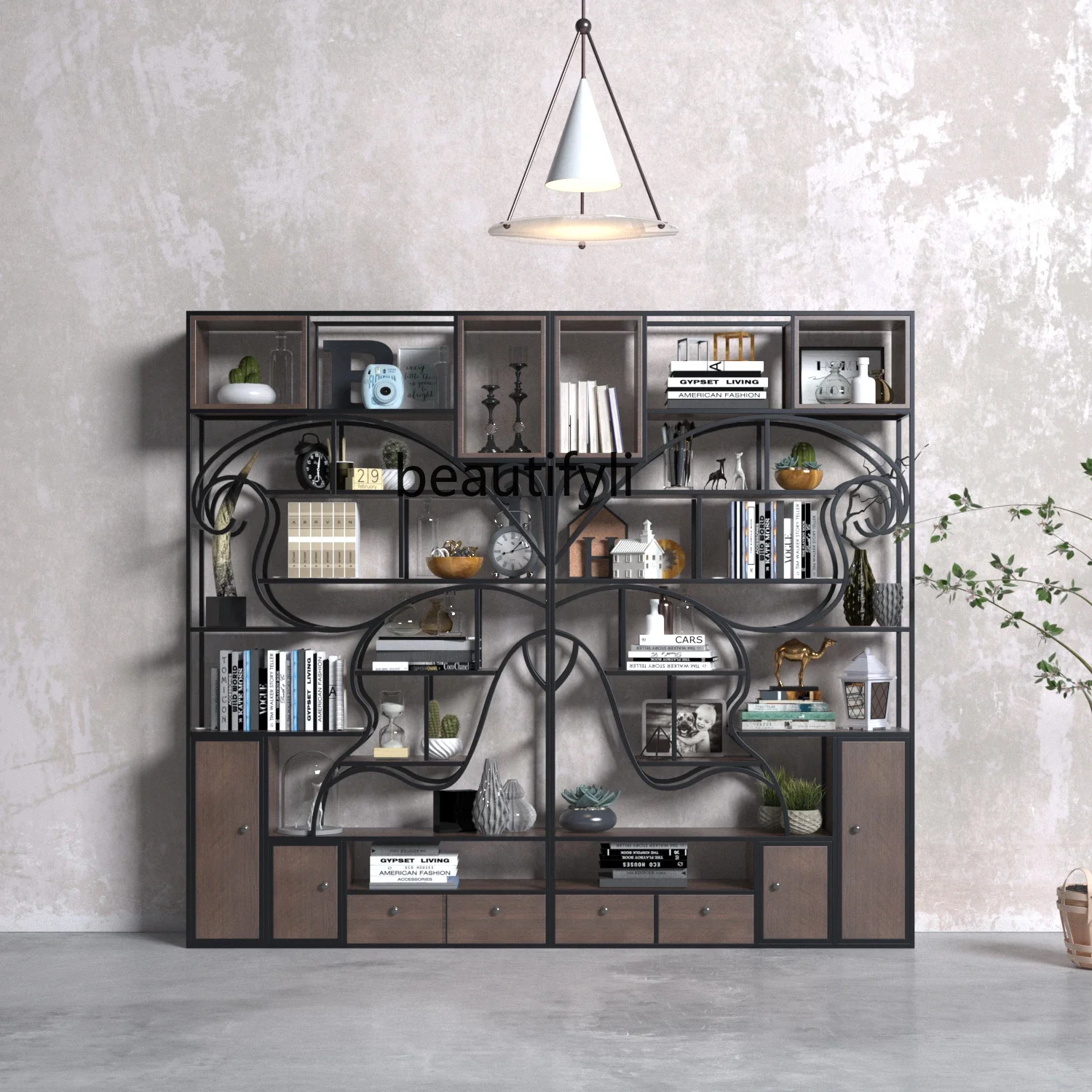 

Yh Wrought iron shelves floor-to-ceiling, industrial wind living room creative partition office ins bookcase