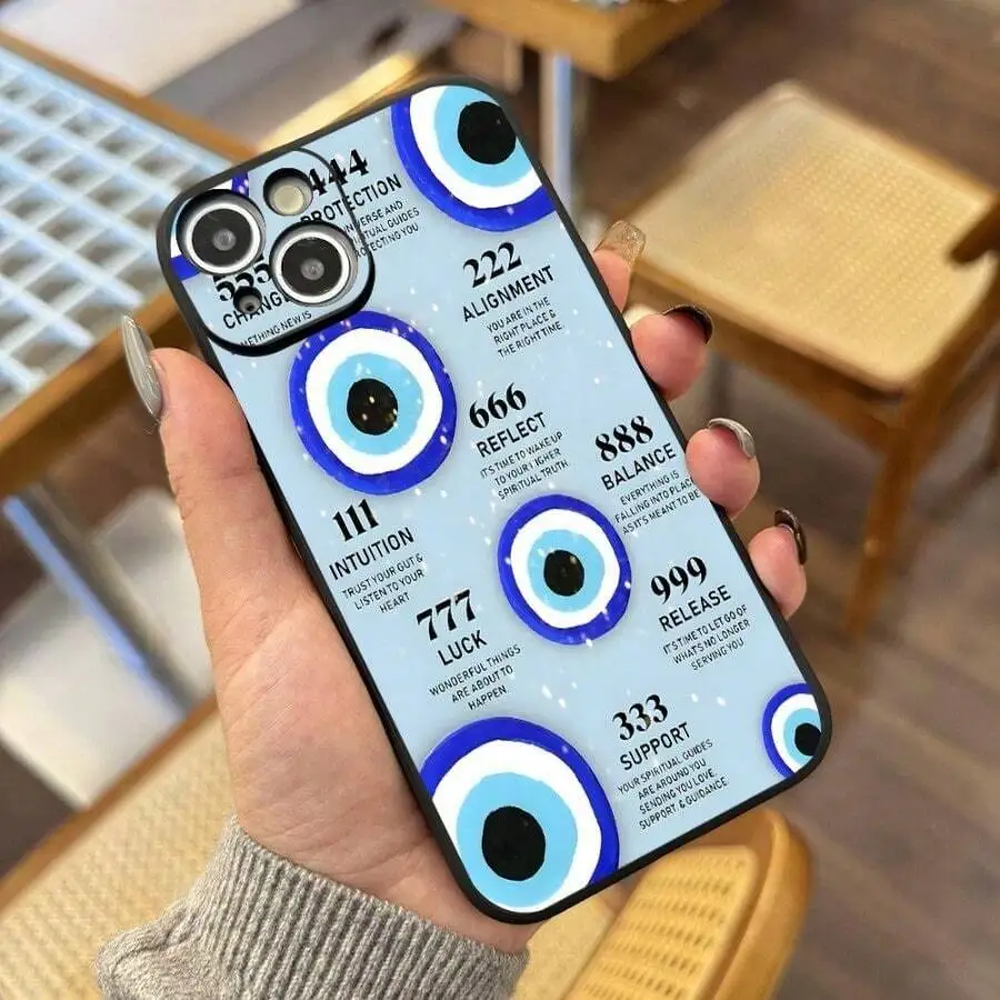 

Evil Eye Angel Numbers Aesthetic Phone Case For iPhone 16 15 14 13 12 Pro Max Plus Black Spiritual Gift