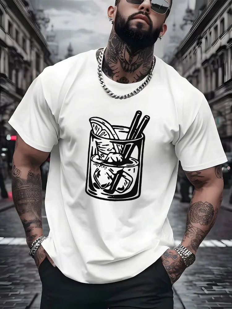 Men Summer Crew Neck Short Sleeve T Shirt Cocktail Glass Line Graphic Print Casual Loose Streetwear Daily Fashion Tops For Men