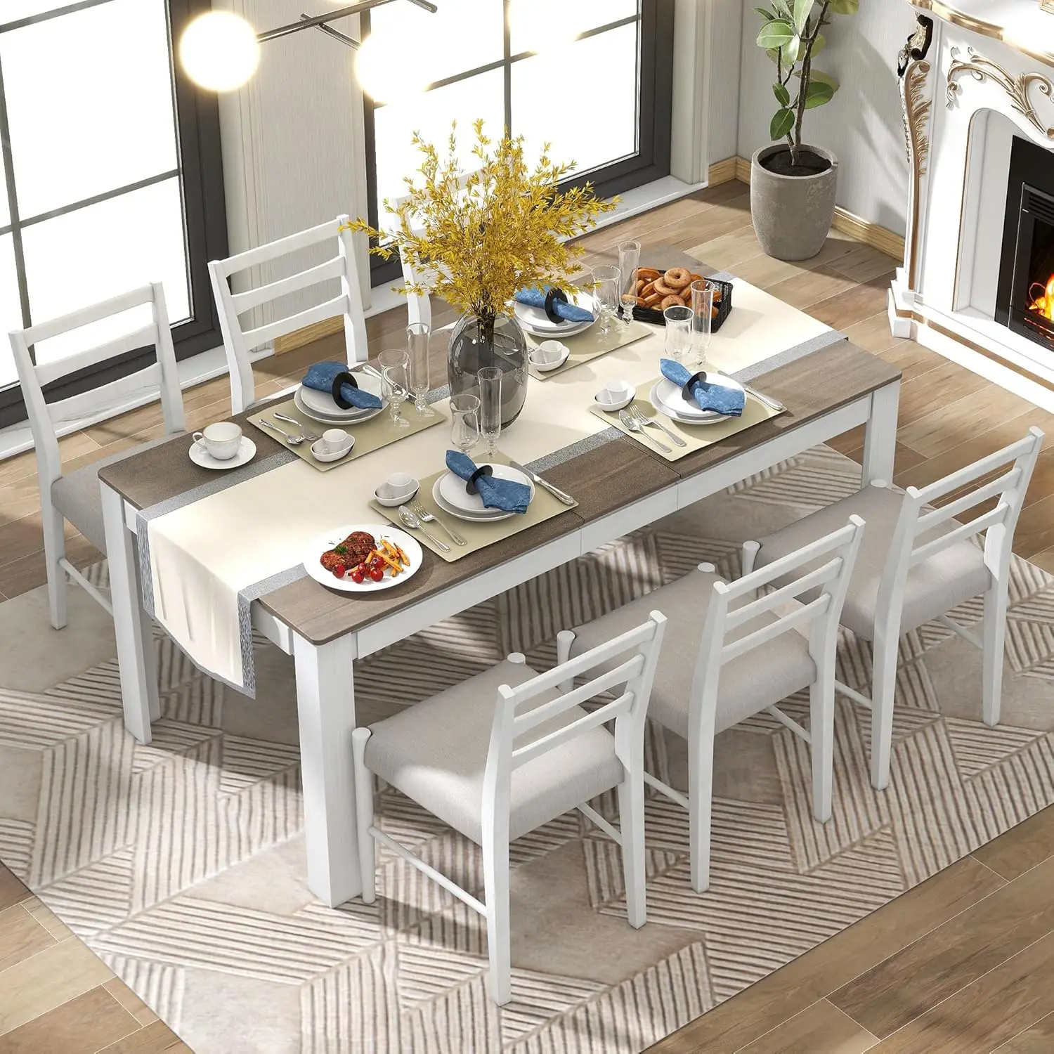 LUMISOL Dining Table Set for 6, Farmhouse Extendable Kitchen Table Set with 6 Upholstered Chairs, Solid Wood Extendable Dining