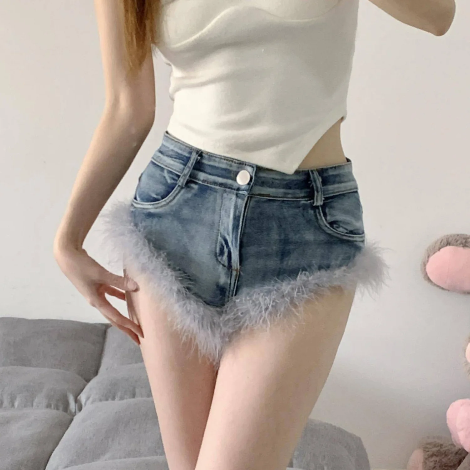 2024 New Women Feather Splicing High Waist Slim Elastic Summer Jeans Denim Shorts Шорты Женские