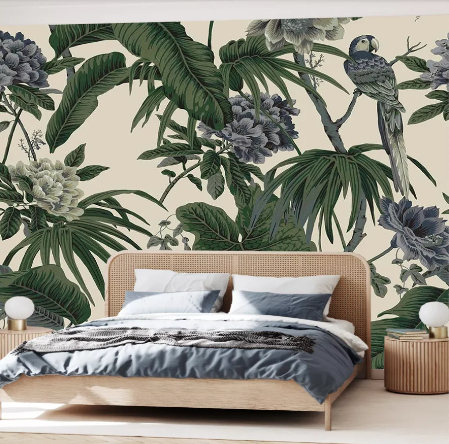 Customized Mural Hand-Painted Tropical Rainforest Plant parrot Wallpaper Banana Tree palm tree Purple Pink Cream 3D Wallpapers