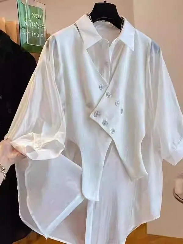 

plus Size Loose Fit ort Sve irt Fake Two-Piece Design ex Casual Sle Heat Sensation Summer irt Large Size