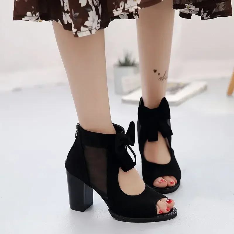 

Women High Heels Summer Ladies Elegant Butterfly Knot Mesh Sandals Back Zipper Fish Mouth Party Sandalias Fashion Women Shoes