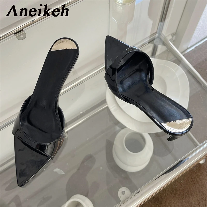 Aneikeh2024 Fashion Sexy PU Shallow Slim High HeelsWomen\'s Pointed Open Toe Outdoor Solid Color Anti slip Sandals Slippers Mules