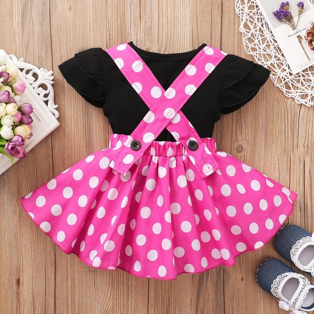 2PCS Summer Toddler Girls Cute Dress Set Short Sleeve Black T-shirt+Polka Dot Suspender Skirt Party Wear for Kid Girls 1-5 Years