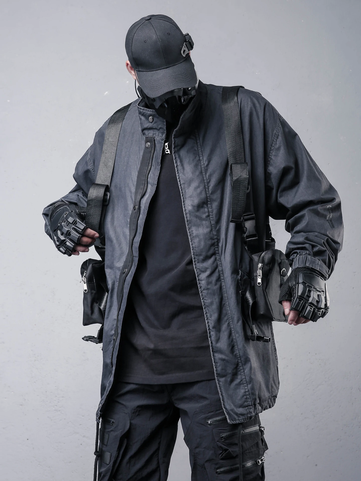 

Techwear Style Streetwear Motorcycle Retro Washed Distressed Workwear Windbreaker Loose High Street Stand Collar Coat